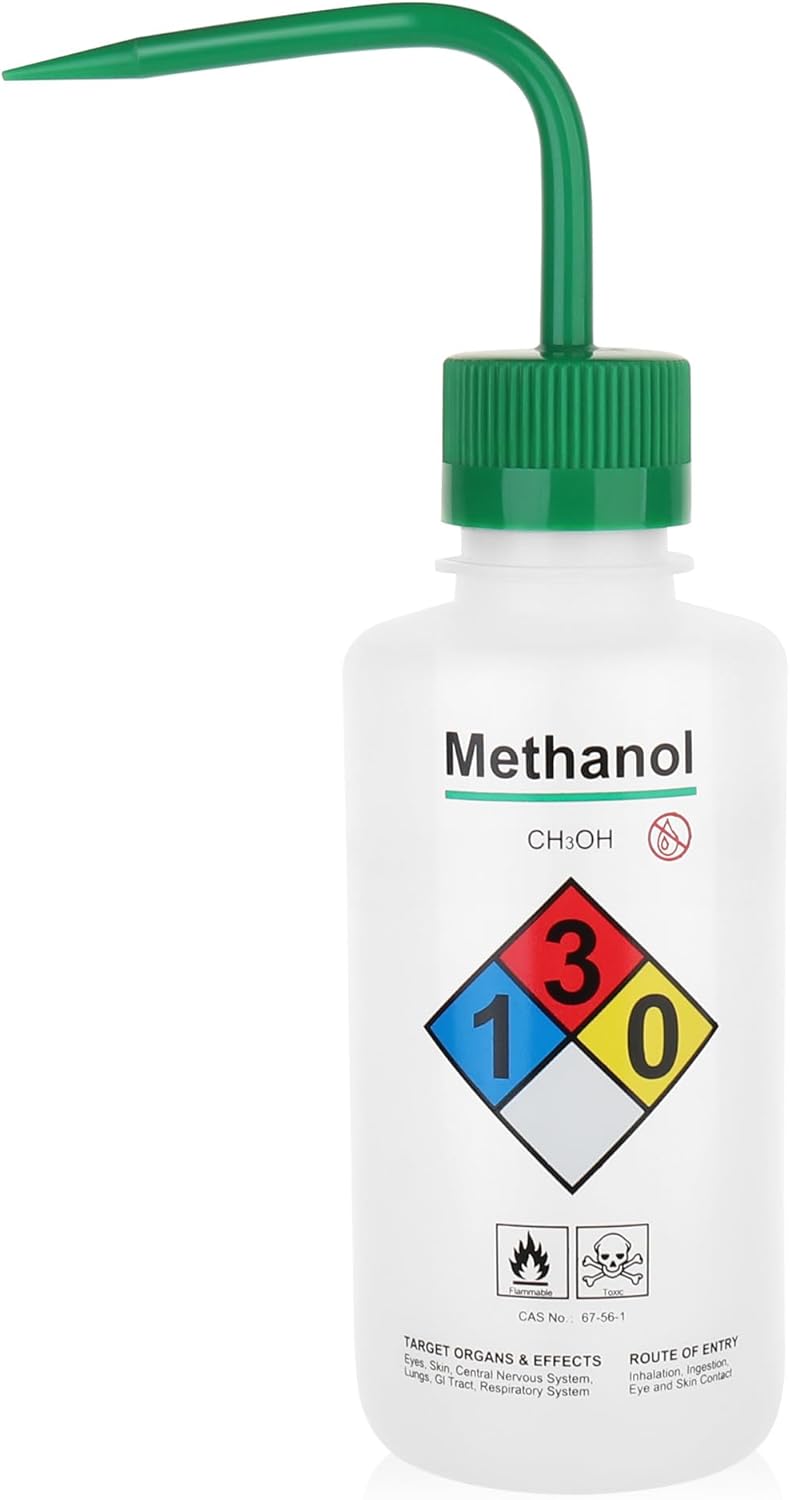 LINVO Self-Venting Safety Wash Bottles(Methanol), Pack of 1, With Chemical Name,.Vol.500Ml,Ldpe Material,Cap In Green Color.IN-WBM501 - Image 1